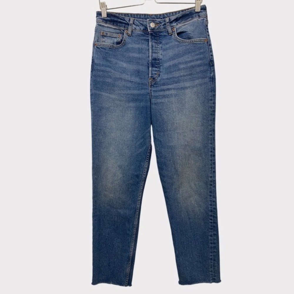 Divided Medium Wash Button Fly Cropped Raw Hem Jeans Size 10